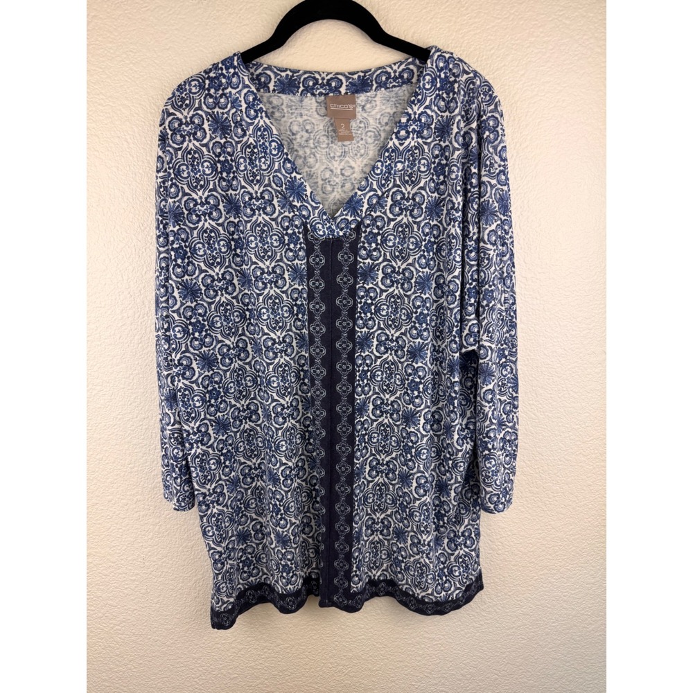 Chicos Size 2 L‎ Blue White Medallion Print V Neck Long Sleeve Tunic Top Boho